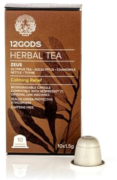 12Gods Zeus Herbal Tea Pods – Olympus Mountain Tea, Eucalyptus, Chamomile, Nettle & Thyme Blend (Pack of 2) | 20 Nespresso® Compatible Capsules | Caffeine-Free, No Artificial Dyes