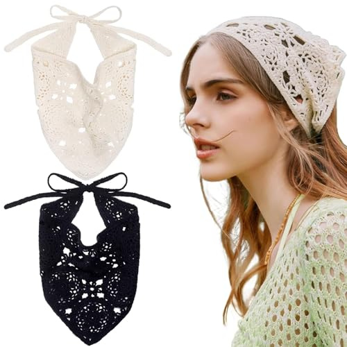 2 PCS Crochet Hair Bandana, Floral Crochet Vintage Knotted Headscarf, Hollow Knitted Bandana Kerchief Hair Scarf Headbands, Boho Floral, Summer Beach Holiday, for Women and Girls