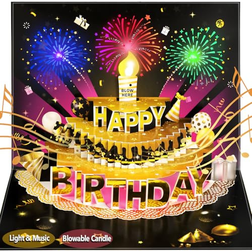 Carte d'anniversaire pop-up 3D avec lumières et son, bougie LED soufflée avec capteur, carte de vœux musicale chantante pour homme, femme, enfant (Noir et doré)