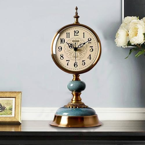 IDAMAKON Reloj de mesa vintage, reloj de pie de latón antiguo, reloj de escritorio de metal antiguo, funciona con pilas, reloj de mesa de latón antiguo para salón, estantería, chimenea, oficina