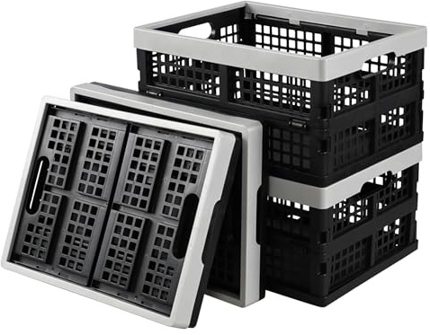 Vareone 15L Multipurpose Foldable Stacking Crates, Plastic Collapsible Storage Baskets for Kitchen, Office, 4 Pack(Black)