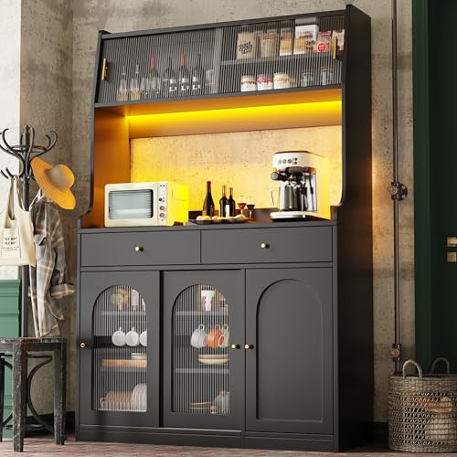 VS VanShine Armadio da cucina, mobile alto, armadietto a buffet con ripiani regolabili, armadio da pranzo con 2 cassetti, credenza con illuminazione a LED, colori luce variabile (nero)