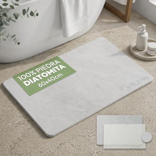 VELZAN Alfombrilla de Piedra Diatomita para Baño 60x40 cm - Secado Rápido, Antideslizante y Ultra Absorbente - Alfombra Versátil para Cocina, Mascotas y Más