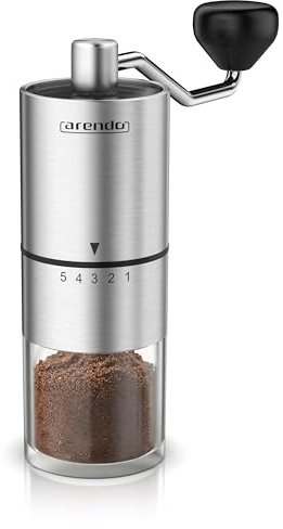 Arendo - Edelstahl Kaffeemühle manuell – Keramikmahlwerk – verstellbarer Mahlgrad 5 Stufen – Handmühle – durchsichtiger Behälter für Kaffee, Espresso, Mokka, Filterkaffee, French Press