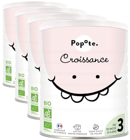 POPOTE - Lait infantile 3eme Age Bio 400 g - Lait en Poudre Dès 10 Mois - Formule Complète - Avec des Protéines, DHA, Fer et Vitamines Essentielles - Boîte Refermable Pratique (Lot de 4)