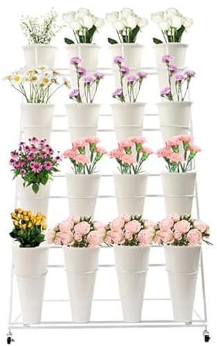Generico Espositore for Fiori Ferro Battuto, Robusto Mobile, con Ripiani Bouquet Carrello Portafiori Esterno Dotato Secchi Plastica Ruote, for Casa Patio Giardino Matrimoni Feste(White,4pcs,4tires)