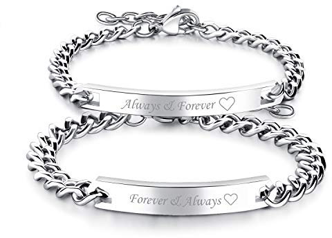 Flongo Paar Armbänder EIN Paar Edelstahl-Armbänder mit Textgravur Liebesschwüre Silber Partnerarmbänder Love-Schmuck Geschenke für Valentinstag Geburtstage Jahrestage