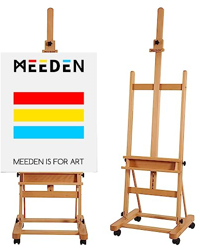 MEEDEN Large Studio H-Frame Easel - Beech Wood Artist Easel Adjustable Movable Tilting Easel, Floor Painting Easel Stand, Holds Canvas Art up to 48