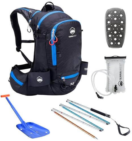 TerraWest Core Lawinen-Set, Ski-Rucksack inklusive Recco & abnehmbarem Rückenprotektor, Trinkblase, Core Plus Schaufel, Core 240 cm Schnellverschluss-Sonde, Backcountry Skifahren, Snowboarden