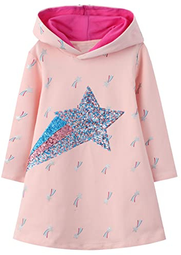 Baogaier Felpe con Cappuccio Ragazza Vestito Manica Lunga Stelle Scintillio Abito Cotone Bambina Pullover Abiti Primavera Autunno Invernali Maglione Top T-Shirt Tunica 4-5 Anni Rosa