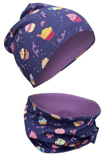 HECKBO Cookies Winter Beanie & Kinderschal - 2-8 Jahre - Baumwolle + Fleece - Schlupfmütze mit Namen - Mädchen Design (48–54 cm)