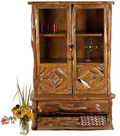 Windalf Rustikale Glasvitrine mit 2 Türen und 2 Schüben ALVIO 150 cm Landhaus Kleiderschrank Küchenkasten Handarbeit aus Teakholz