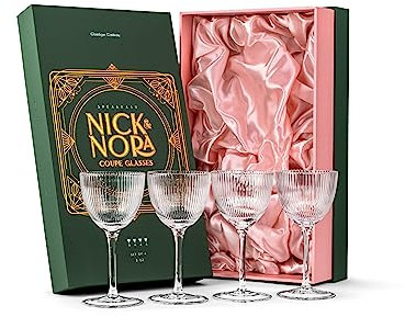 GLASSIQUE CADEAU Vintage Art Deco Nick Nora Coupe Gläser | 4er Set | 150 ml Kristall Gerippte Retro Cocktailgläser mit Stiel für Klassische Gin Cocktails
