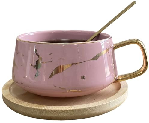 Eplze YBK Tech Porcelain Tea Cup Coffee Mug Set for Afternoon Tea - Marble Pattern (Pink, Short 300ml + Wood Saucer)