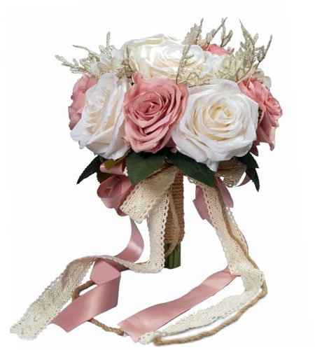 LEIFENY Wedding Bouquets for Bride, Champagne White & Pink Bridal Bridesmaid Wedding Flowers, Artificial Toss Rose for Civil Ceremony (Jute Rope Handle)