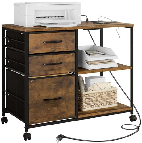 WOLTU Aktenschrank mit Ladestation, Rollcontainer mit 3 Stoffschubladen, Büroschrank, Druckertisch mit Rollen, offenen Ablagen, aus Metall Holzwerkstoff, Vintage Braun, ASK07hov