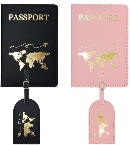 Sdhgerh 2 Stück Reisepasshüllen & 2 Stück Kofferanhänger Leder Reisepasshalter & Gepäcketiketten für Reisefamilie Koffer Schwarz Rosa 10,8 x 14,2 cm