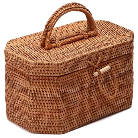Boîte de rangement en rotin tissé à la main - Boîte d'ornement - Panier de pique-nique - Récipient à thé avec poignée pour pain, fruits, gâteaux