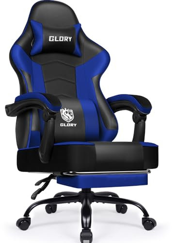 minnouat Gaming Stuhl, Bürostuhl Ergonomisch mit Teleskopische Fußstütze, Gaming Chair mit Kopfstütze und Lendenwirbelstütze,Gaming Sessel gepolstert 150 kg, höhenverstellbarer Gamer Stuhl,Blau
