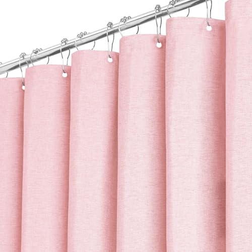 BTTN Tenda da doccia in tessuto rosa, 180 x 200 cm, texture in lino, antimuffa, lavabile, con 12 ganci, moderna, impermeabile, con orlo ponderato, per vasca da bagno