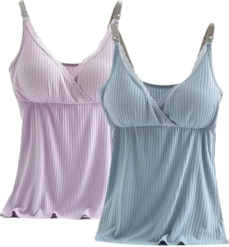 AOOPOO Confezione da 2 Canotta da Allattamento per Donna, Canottiera Pigiama Scollo a V in Pizzo con Cuscinetti Rimovibili per Dormire Allattamento Reggiseno Top Gravidanza Pigiama Canotte, M-3XL