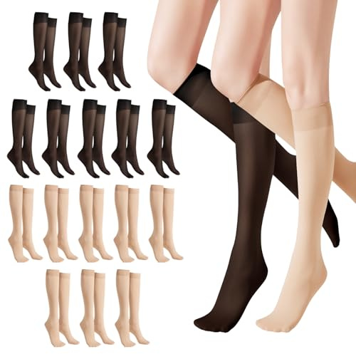 16 pares de 20 DEN hasta la rodilla para mujer, medias de nailon hasta la rodilla, medias finas, de nailon, transparentes, hasta la rodilla, negras, elásticas, suaves, de nailon, calcetines finos para