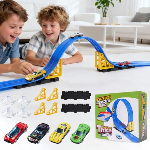 Kimdog Flexible Race Track Toys for Kids - 5M Flex Race Car Ramp Track with 4 Vehicle in 1:64 Scale, 13ft Rolls up Portable, DIY Speed Tracks Game, Christmas Birthday Gifts for Boys Girls Ages 3+
