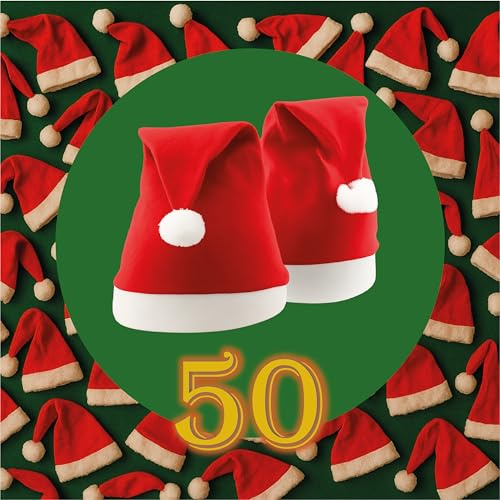 Genérico Set Hasta 100 Gorros de Papá Noel, Set de 20, 50 y 100 Gorros de Navidad, Navideños Para Adultos y Niños,Talla Universal, Distintos Colores, Decoracion, Festividad. (50)