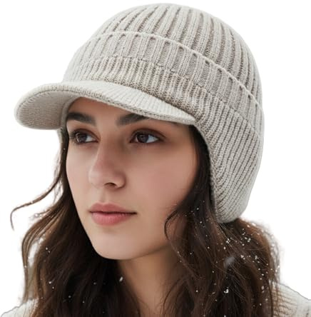 Aukojoy Winter Hat with Peak and Ear Flaps, Warm Fleece Lining, Knitted Hat, Soft Hat Cap for Men, Ideal for Outdoor Activities, beige, 56/60 cm
