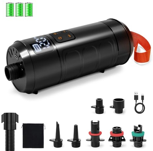 Mojimdo Bomba de Paddle Surf Eléctrica Inalámbrica hasta 12 PSI con Parada Automática, Pantalla Digital y 7 Adaptadores, Bomba Portátil para Tabla Sup, Kayak, Inflables y Tienda