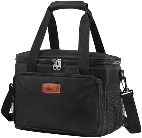 Vencier 15L Insulated Lunch Bag, 24-Can Leakproof Soft Cooler Tote, Thermal Lunch Box with Shoulder Strap, Waterproof, Large Capacity for Work, Picnic, Travel (Black, 15L)