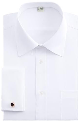 J.VER Men's White Formal Dress Shirts Shirt Double Cuff Long Sleeve Cufflinks Dress Shirt Work Business Cotton 16.5 Neck 34-35 Sleeve