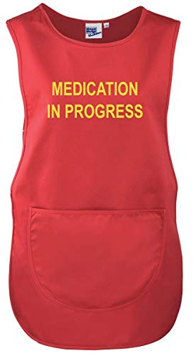 Workwear World 'Medication in Progress' Front/Back Printed Text Medical Care Home Tabard (Red with Yellow Print, XL)