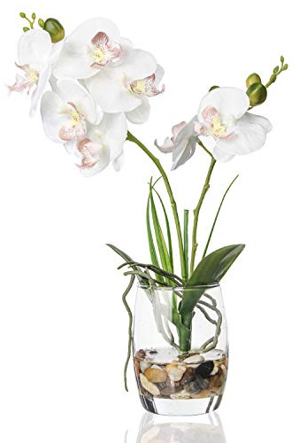 Jusdreen White Orchid Centerpiece in Glass Vase, 14.5 Inch Artificial Phalaenopsis with Potting for Home Office Decor, Table Centerpiece