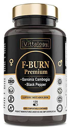 Vittalogy F-Burn Premium. Potente bruciagrassi con garcinia cambogia, tè verde e guaranà. Fat Burner rapido ed efficace per dimagrire con effetto termogenico. Senza additivi. Vegano. 120 capsule.