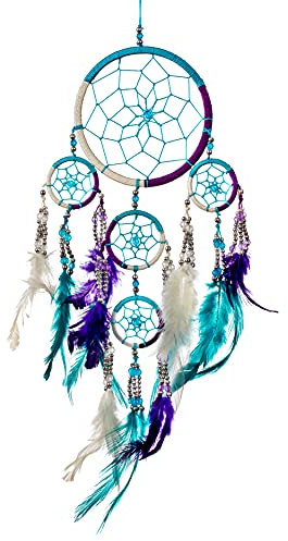 Pink Pineapple Handmade Bohemian Dream Catcher Ethical Hanging Dreamcatcher Wall Art with Aqua Blue, Purple and White Feathers and Beads with Traditional Crochet Design (12 x 35 cm)
