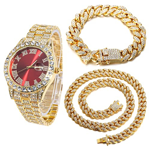 HALUKAKAH Diamanti Orologio Oro, Uomo Placcato Oro Reale 18K 42MM Largo Rosso Componi Quarzo Cinturino 24cm con Link Cubano Catena 20+45cm Collana Bracciale Set, con Scatola Regalo