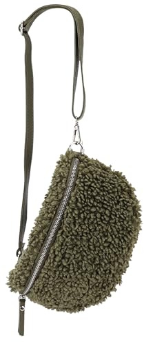 SH Leder ® Teddy Plüsch Hüfttasche Damen Gürteltasche für Festival Reise Bauchtasche mittelgroße Crossbody Bag Frauen mit echt Leder Schultergurt 27x16cm Kate G358 (Olivgrün, M)