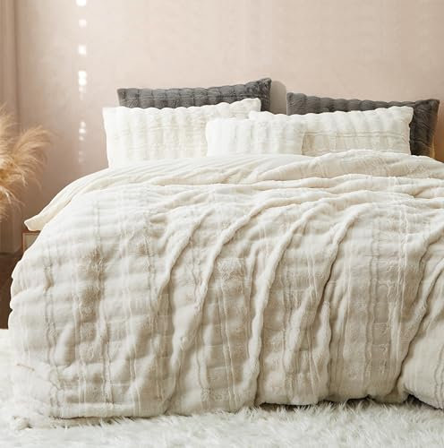 Sedefen Plüsch Bettwäsche 200x200cm Creme Flauschig Langhaar Kunstfell Winterbettwäsche Warm Plüsch Flanell Fleece Cashmere Touch Wende Bettbezug mit Reißverschluss und 2 Kissenbezug 80x80cm