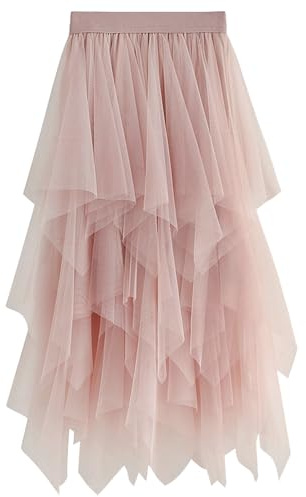 Gonne da donna in tulle High Low a strati gonna plissettata midi asimmetrica gonna di carnevale elegante morbida al ginocchio puffy gonne da fata, Colore: rosa., Taglia unica