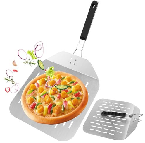 VFANDV Pala para Pizza Horno, 30 x 29cm Soporte de Superficie Grande Profesional Pala Pizza, Perforada de Metal de Aluminio con Asa Plegable para Barbacoa Cocinar Pizzas, Pan