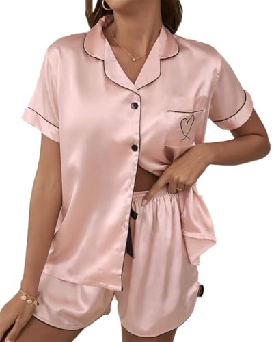 HENGERTOP Ensemble de Pyjama pour Femme en Satin de Soie à Pyjama en Satin, 2 Pièces Vêtements de Détente Loungewear (FR/ES, Alpha/Lettres, S, Taille Normale, Taille Normale, Rose)