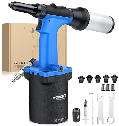 VORXEON Self-Suction Pneumatic Rivet Gun Light-Weight Pull 3086 lbf 1400 kgf, Air Rivet Gun with 5 Nozzle Sizes,3/32, 1/8, 5/32, 3/16, 1/4,360° Rotating Air Fitting,Ideal for DIY Mechanics