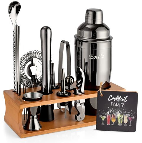 Cocktail Shaker Set mit Bambus Ständer & Rezeptbuch, Edelstahl 750ml Bar Cocktailset Cocktailshaker mit Bar Zubehör Werkzeug,17 Stück Cocktail Mix Set für Barkeeper Geschenk Frauen (Braun Schwarz)