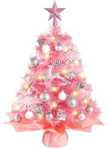 N&T NIETING Mini árbol de Navidad con iluminación LED, árbol artificial de Navidad de 61 cm, pequeño árbol de Navidad de mesa para decoración de fiesta navideña en casa, oficina (Rosa)
