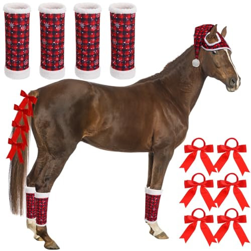 Geyoga 11-teiliges Weihnachtspferd-Zubehör, inklusive Weihnachtsmann-Hut mit Fleece-Besatz, 4 Pferdebeinbandagen mit 6 Schleifen, Pferdehaargummis für Pferde, Dekoration für Urlaub, Weihnachten,