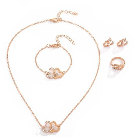 FDEETY 4 Pièces Parure de Bijoux Femme Double Cœur Cristal Pendentif Collier Bracelet Anneaux Boucles d'Oreilles Ensemble Cadeau pour Filles Mariage Fiançailles Fête (Or rose)