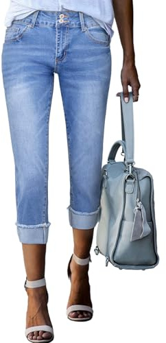 Sidefeel Women's Jean Capris High Waisted Stretchy Skinny Roll-up Summer Cuffed Cropped Zimbaplatinum Denim Pants Light Blue Size 4