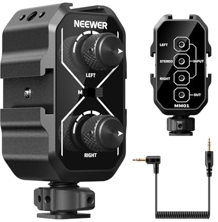 NEEWER MM01 Dual Channel Microphone Audio Mixer Adapter with 3.5mm TRS Cable, Stereo/Mono Switch, Cold Shoe Mounts for DSLR Camera, Smartphones, Battery Powered Microphones for Video Recording