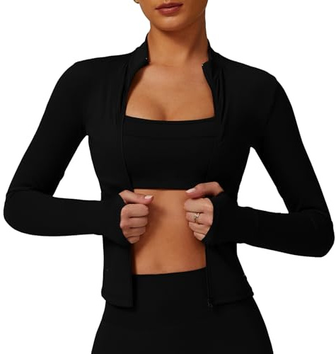 DGSHIRLDJO Veste de Sport Femme Respirante avec Poches Zippées et Passages pour Pouces – Manches Longues Élasticité
